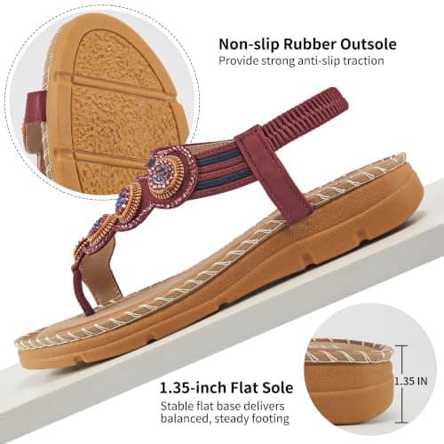 HARENCE Flat Sandals for Women Comfortable: Dressy Summer Bohemian Beaded Toe Ring Shoes - Zero Foot Pain for Casual Walking, Wine Red, 4 UK — view 6