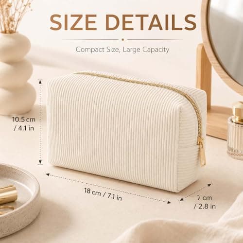 Corduroy Makeup Bag with Gold Metal Zipper & Textured Ribbed Exterior - Cosmetic Pouch for Women Travel Skincare Organisation Essentials, Compact Box Design (Beige) — view 3
