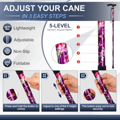 supregear Walking Stick - Adjustable Folding Walking Sticks for Women and Men - Lightweight Portable Collapsible Balancing Aid - Foldable Travel Cane for Ladies Elderly Adults, Purple Floral — view 3