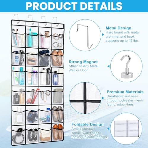 FUHSY Cruise Essentials 2026 Over The Door Organizer For Cruise Ship 24 Pocket Magnetic Door Organizers with 4 Metal Hooks and 4 Strong Magnets Door Organizer Hanging for Cabin Door Storage Organizer — view 4