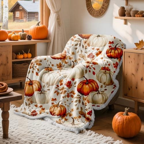 Lanpn Fall Pumpkin Flannel Throw Blanket, 460GSM Soft Warm Sherpa Fleece Throws, Orange Pumpkins Leaves Blanket for Couch Bed, Cozy Autumn Throw Blankets Farmhouse Thanksgiving Home Decor, 130x150