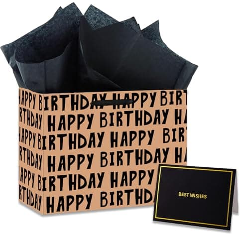 AIKOBAA Birthday Gift Bag – Large Happy Birthday Bag for Men Boys – Gift Bags for Men with Black Tissue Paper & Greeting Card – Birthday Gift Bags for Him