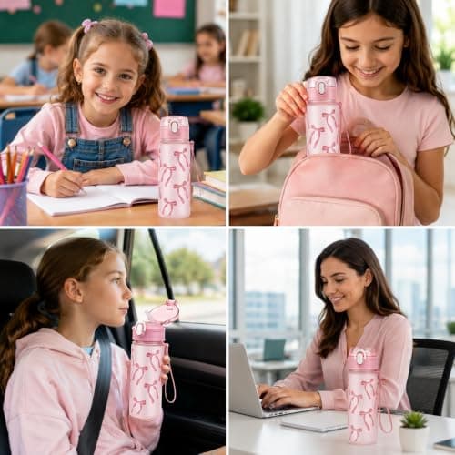 Pragma Pink Bow Sports Water Bottle with Straw & Lanyard, 750ml BPA Free Leakproof One-Click Flip Top Plastic Drinks Bottle for Cycling School Gym Travel Climbing Hiking Outdoor Gift for Women Girls — view 4