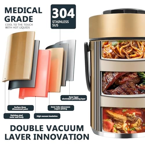 2L Insulated Food Flask, 3-Tier Stainless Steel Thermal Lunch Box with Bag — view 5