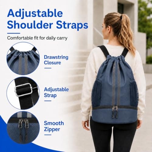 Waterproof Drawstring Bag, PE Kit Bag with Shoe Compartment Navy Blue — view 6
