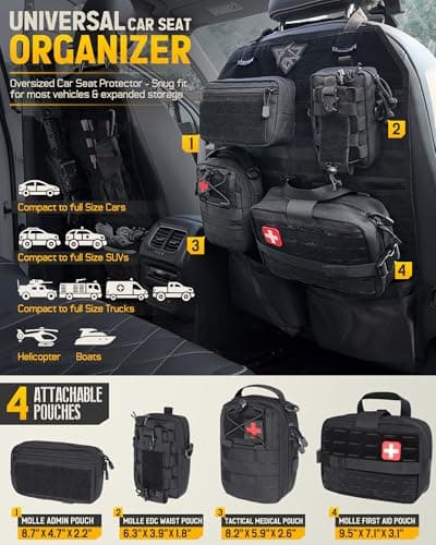 WYNEX Tactical Car Seat Back Organizer Set, Vehicle Accessories Molle Panel wtih Detachable 4 Molle Pouches - First Aid EDC Admin Storage Bag for Road Trips, Fits Most Cars, SUVs, Pickups, Trucks — view 3