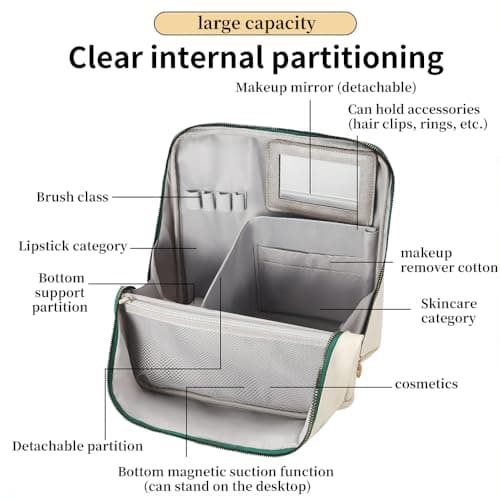 ningzhi Large PU Leather Travel Makeup Bag, Portable Cosmetic Bag with Makeup Brush Organiser Water-Resistant Portable Magnetic Vertical Makeup Bag with Handle,for Women Travel Essentials — view 4
