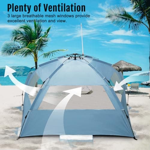 WhiteFang Deluxe XL Pop Up Beach Tent Sun Shade Shelter for 3-4 Person, UV Protection, Extendable Floor with 3 Ventilating Windows Plus Carrying Bag, Stakes, and Guy Lines (Light Blue) — view 4
