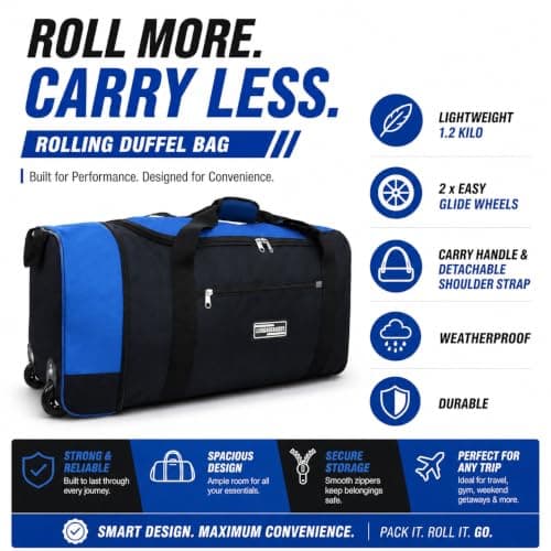 Large Holdall with Wheels, 82L Wheeled Duffle Bag, Black Rolling Travel Bag, Soft Luggage with Zipped Pockets for Holidays, Weekend Trips, Sports, Gym & Overnight Travel — view 6