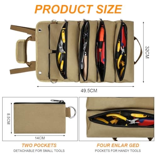 Adiwo Tool Bag, Foldable Roll Up Heavy Duty Bag Organizer, Tool Roll Pouch with 2 Detachable Tool Pouch, Multi Purpose Organizer for Mechanics, Great Gifts for Grandpa Dad Boyfriend, Khaki — view 2
