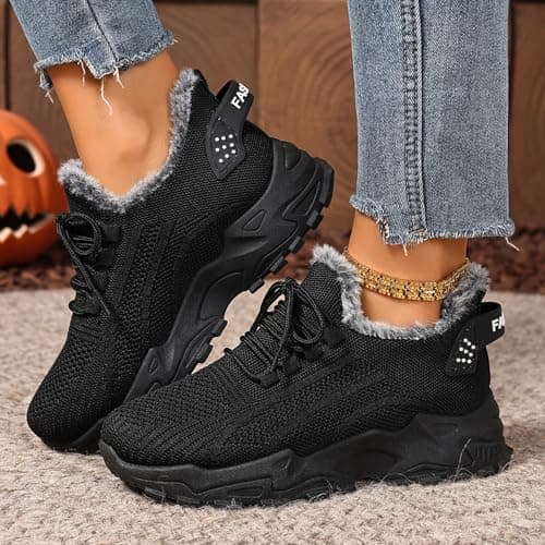 Womens Fleece Lined Trainers Winter Thick Sole Snow Boots Lightweight Lace Up Non Slip Orthopedic Wedge Sneakers Ladies Fashion Comfortable Tennis Walking Jogging Shoes Black — view 5