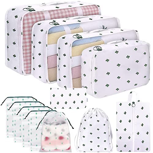 12Pcs Packing Travel Cubes for Suitcase Luggage Organizers with 5 Drawstring Bags,Suitcase Organiser Bag with Waterproof Shoe Storage Bag Compression Pouches White