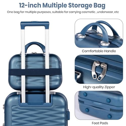H.yeed 20 Inch Cabin Suitcase with 12 Inch Vanity Case Lightweight ABS Hard Shell Suitcase Trolley Luggage Travel Case with Spinner Wheels (Navy Blue, 2 pc Set) — view 6