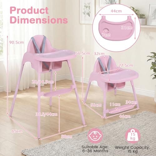 COSTWAY High Chair for Babies and Toddlers, 4 in 1 Convertible Baby Highchair with 2 Heights, Removable Double Tray, 5-Point Harness & Reversible Footrest, Infant Feeding Chair for 6-36 Months (Pink) — view 6