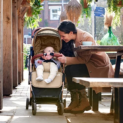 Lejoux™ Baby Pushchair Stroller– Lightweight Foldable Travel Buggy with 5-Point Harness, Adjustable Seat Back and Oversize Basket Folds with 1 Hand – Smooth Swivel Wheels Rain Cover (Beige) — view 3