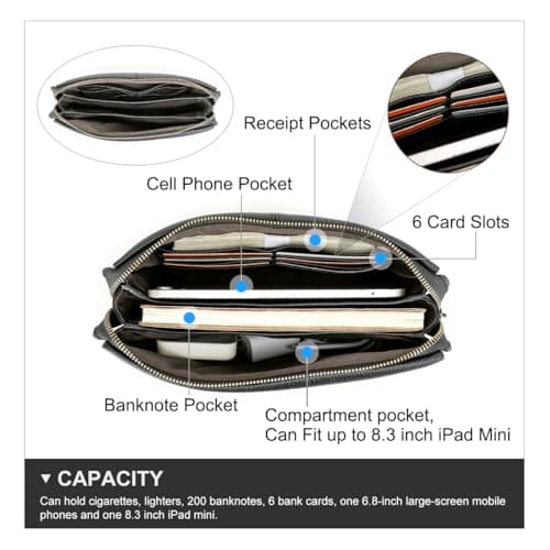 CONTACTS Leather Clutch with Combination Lock Men's Genuine Leather Phone Holder Zip Coin Key Travel Accessories Organizers Wallet Purse Anti-Thief Handbag Black — view 3