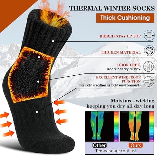 Sandsuced Merino Wool Thermal Boot Socks for Men Women Winter Warm Thick Cosy Walking Hiking Work Stocking Fillers Socks 3 Pairs(Black Series,M) — view 3