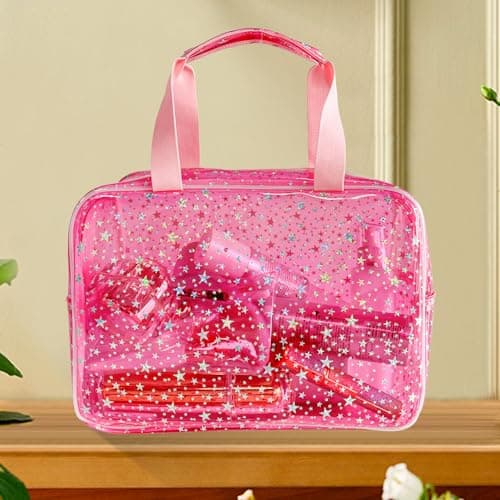 TotePrint Clear Star Print Cosmetic Bag, PVC Waterproof Travel Makeup Pouch,Large Clear Travel Toiletry Bag,30 x 13 x 21.6 cm(Pink) — view 5