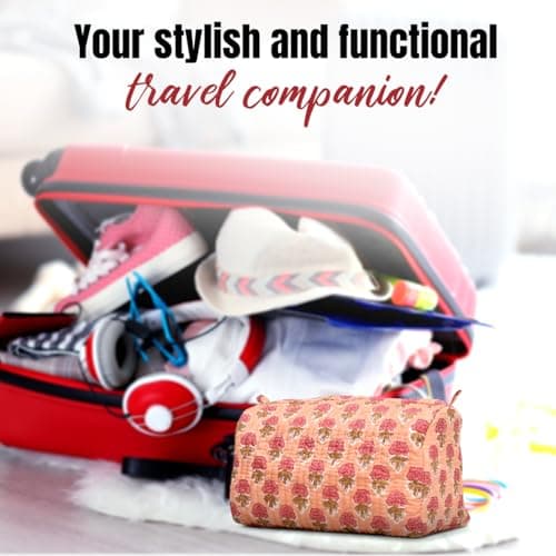 BLOCK N STYLE Cotton Toiletry Bag, Floral Print Travel Organiser, Orange, 23.5 x 17.5 x 11.4 cm — view 5