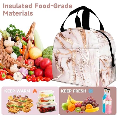 HYEPNED Rose Golden Marble Reusable Insulated Lunch Bags for Women & Kids & Girls & Adults & Ladies, Waterproof Leak-Proof Cool Bag for Work School Picnic (Pink) (Pink) — view 2