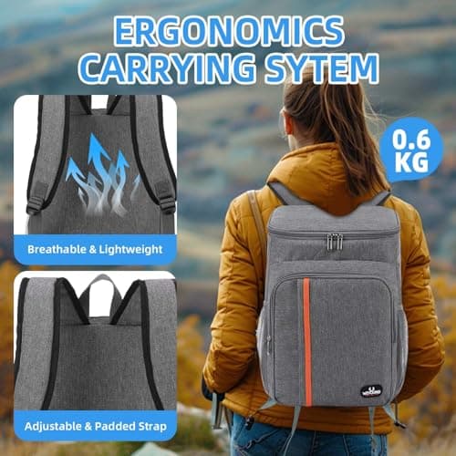 Bagtopia Camping Cooler Backpack 25 Cans, Leak Proof Soft Insulated Compartments Thermal Bag, Portable Lightweight Beach Travel Trip Picnic Lunch Backpack for Men and Women, Stripes-Grey — view 4
