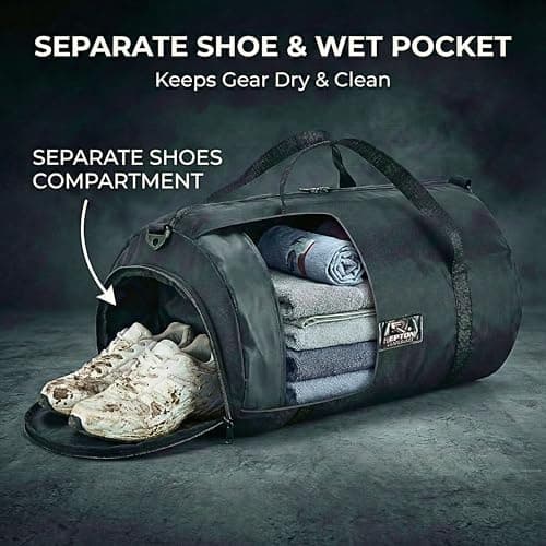 Gym Bag with Shoe Compartment - 30L Foldable Sports Holdall for Men & Women - Lightweight Barrel Duffle Packs Into Internal Zip Pouch - Ideal for Travel, Gym & Weekend Trips (Black) — view 2