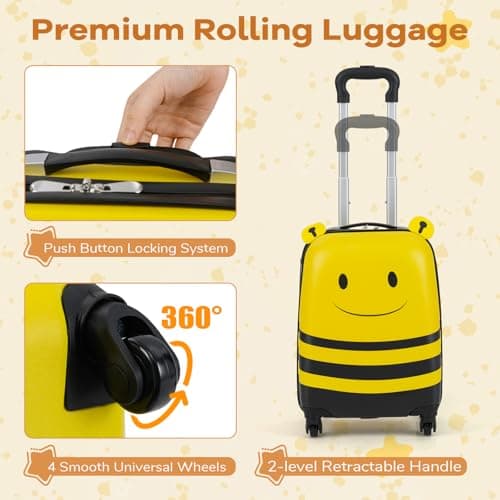 GYMAX 2Pcs Kids Luggage Set, 12" Backpack & 16" Children Hardshell Suitcase with Wheels & Anti-Lose Rope, Boys Girls Carry On Luggage Set for Travel School — view 3