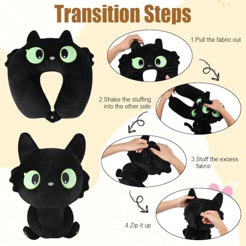 Alaoo Cute Neck Pillow, Deformable U-shaped Pillow with Animal, 2-in-1 Deformable Neck Pillows Play Companion for Adults, Kids, Children in Home, Office, Camping, Travelling, Sleeping, Black Cat — view 4