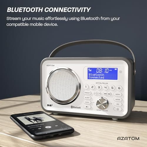 DAB/DAB+ & FM Portable Digital Radio | Leather Design | Bluetooth | Rechargeable Battery | Dual Alarms & Sleep Timer | Perfect for Home, Office or Outdoors | AZATOM Spitalfields 2 (Grey) — view 3