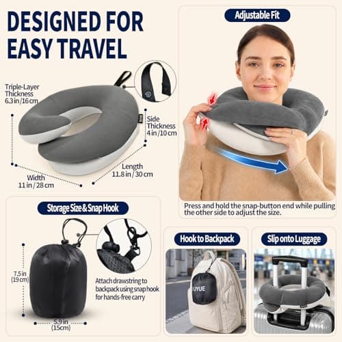 BUYUE Travel Neck Pillows for Airplanes, 360° Head Support Sleep for Long Flight, Skin-Friendly & Breathable, Kit with 3D Contoured Eye Mask, Earplugs and Storage Bag (Adult, Grey, 100+ lbs) — view 5