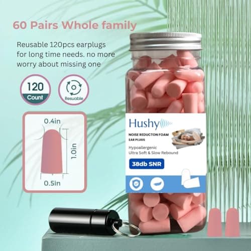 Hushy Premium Foam Earplugs for Sleep, 120-Pack, 38dB SNR Noise Cancelling Ear Plugs, Ultra Soft Hypoallergenic Earplugs for Sleeping, Study & Travel with Carry Case (Pink) — view 6