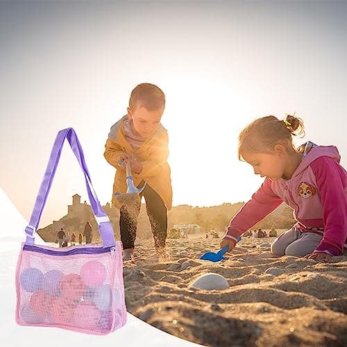 GLADFRESIT Mesh Beach Bag - Shell Net Tote for Seashell Collecting and Beach Accessories (Pink Purple Band) — view 2