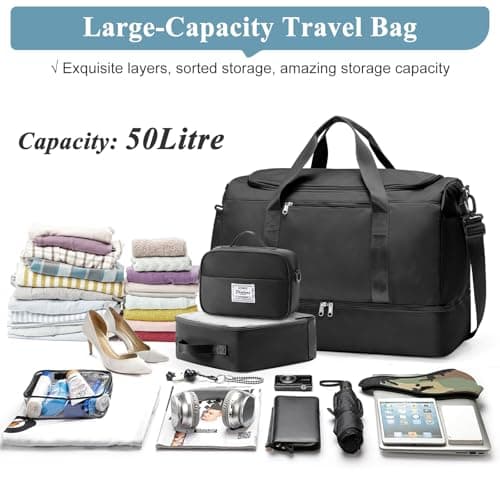 Large Travel Duffle Bag,Carry on Overnight Weekend Bag with Shoes Compartment,Weekender Bags for Women for Travel Business Trips Sport Hospital, Black 3Pcs Set, L, Practical/Utilitarian — view 3