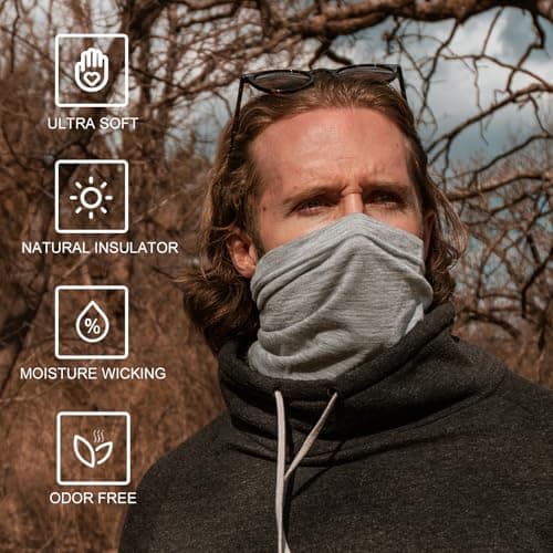 ACUSHLA Merino Wool Neck Gaiter, Ski Mask Neck Warmer Unisex, Light Grey — view 3