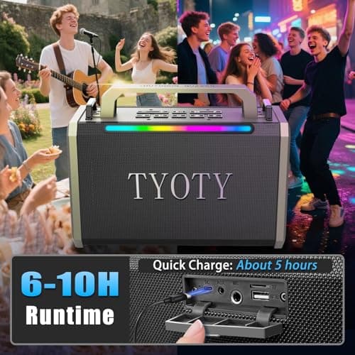 TYOTY Portable Bluetooth Speaker 80W Loud Wireless Outdoor Stereo Sound Deep Bass IPX5 Waterproof Big Powerful Large Party Speakers with Colorful LED Lights, USB for Home Travel Camping (Black) — view 6