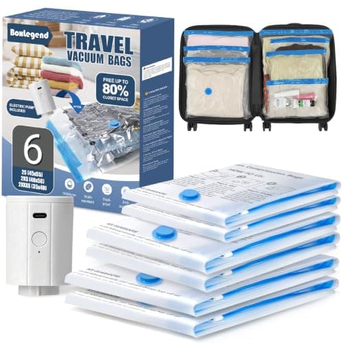 BoxLegend 6 Pack Travel Vacuum Storage Bags for Clothes with 1200mAh USB Electric Pump-2S+2XS+2XXS- Thickened & Waterproof Fits Luggage & Backpack Save 70% Luggage Space