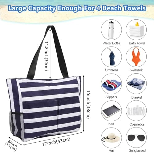 TAHAVICE Large Beach Bags for Women, Waterproof Summer Beach Tote Bag with Zip and 8 Pocket, Holiday Lightweight Bags for Travel & Pool — view 3