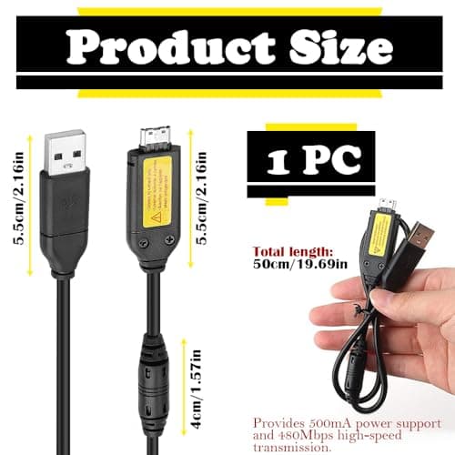 Samsung Camera USB Cable, 2-in-1 Data Sync and Fast Charging Lead for ES ST PL WB Series, Compatible with ES55 ES65 PL120 WB550, Stable Transfer for Travel Home Use (Black 1 Pc) — view 2