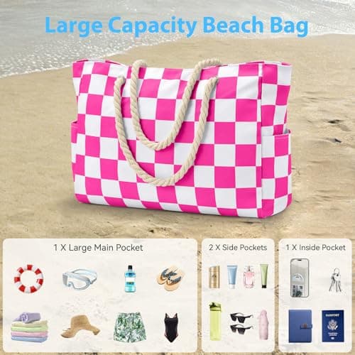 oscaurt Large Beach Bag Tote Bag for Women with Zip Waterproof Shoulder Handbags Casual Weekend Bag for Gym Travel Swimming Saunas — view 6