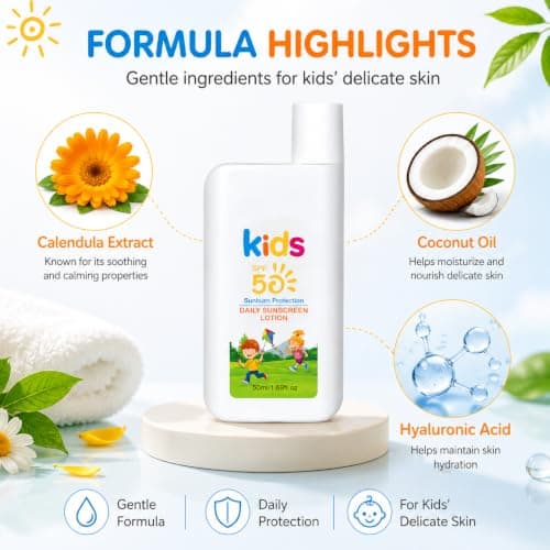 Kids Sunscreen Lotion SPF 50 - Travel Sun Cream for Outdoor Play, Lightweight Sun Protection Factor 50 with Calendula & Coconut Oil, UVA/UVB Protection,No White Cast Formula 50 ml — view 3