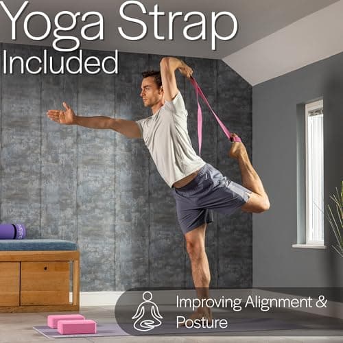 Core Balance Yoga Blocks Set Of 2 High Density EVA Foam with Adjustable Metal D Ring Cotton Strap (Pink) — view 5