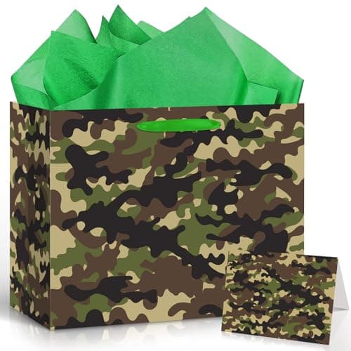 Camouflage Birthday Gift Bag with Card & 3 Sheets Green Tissue Paper, Army Military Theme Present Bag for Boys Men, Large Luxury Camo Wrap for Soldiers, Father's Day, Kids Party