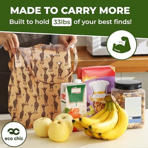 ECO CHIC Lightweight Foldable Reusable Shopping Bag Water Resistant Tote Bag (Giraffes Beige) — view 3