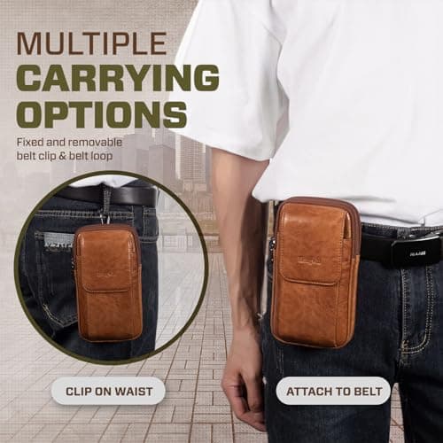 Hengwin Multifunctional Genuine Leather Double Zip Bags Men Vintage Look Shoulder Bag Mobile Phone Belt Bag Phone Holster for Travel, Outdoor Activities (Brown) — view 6