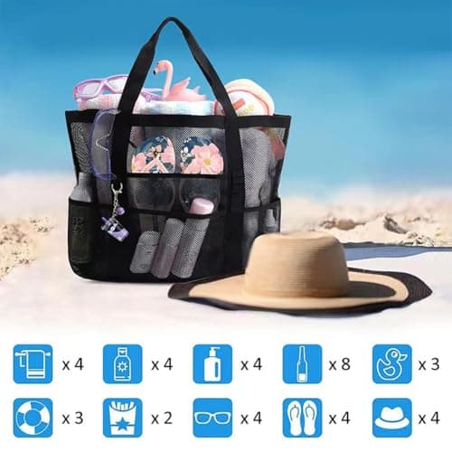 CCAIPU Large Mesh Beach Bag, Mesh Bag for Sand Toys, Foldable Handbags, Storage Bag with Pockets and Zip, for Beach, Holiday, Travel, Shopping (Orange) — view 6