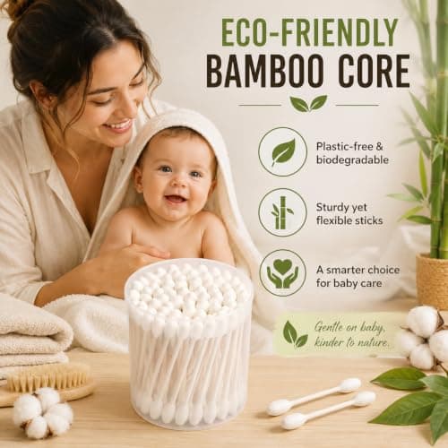 Beavorty Baby Cotton Buds [56 Pack], Organic Bamboo Swabs with Safety Double Tips, Plastic-Free & Biodegradable Eco Sticks for Newborn Ear, Nose and Navel Cleaning, 100% Pure Natural Cotton — view 3