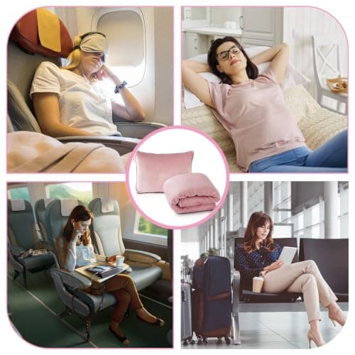 Travel Blanket and Pillow, Ultra Soft 2 in 1 Airplane Blanket with Compact Pillowcase, Luggage Strap, Lightweight Travel Essential, Ideal for Long Flights, Camping, Sunset (Light Pink) — view 6