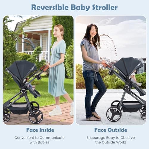 COSTWAY Baby Pushchair, Foldable Travel System Pram with Reversible Seat, Adjustable Canopy & Backrest, Storage Basket, Cup Holder, Aluminum Structure Stroller for 0-36 Months (Dark Blue) — view 2