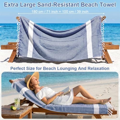 AOOTE Turkish Beach Towel, 100×180cm Turkish Cotton Beach Towel, Sand-Free Beachs Towels & Blanket, Lightweight Absorbent Quick Dry, Sand Free Towels for Swimming, Bath, Gym and Travel, Dark Blue — view 2