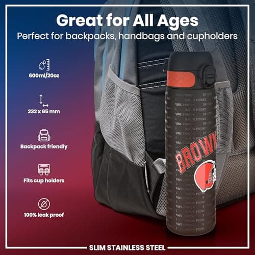 NFL Cleveland Browns Lightweight Steel Water Bottle, 600 ml/20 oz, Non-Insulated, Leak Proof, Easy to Open, Secure Lock, Dishwasher Safe, Flip Cover, Fits Cup Holders, Metal Water Bottle — view 2